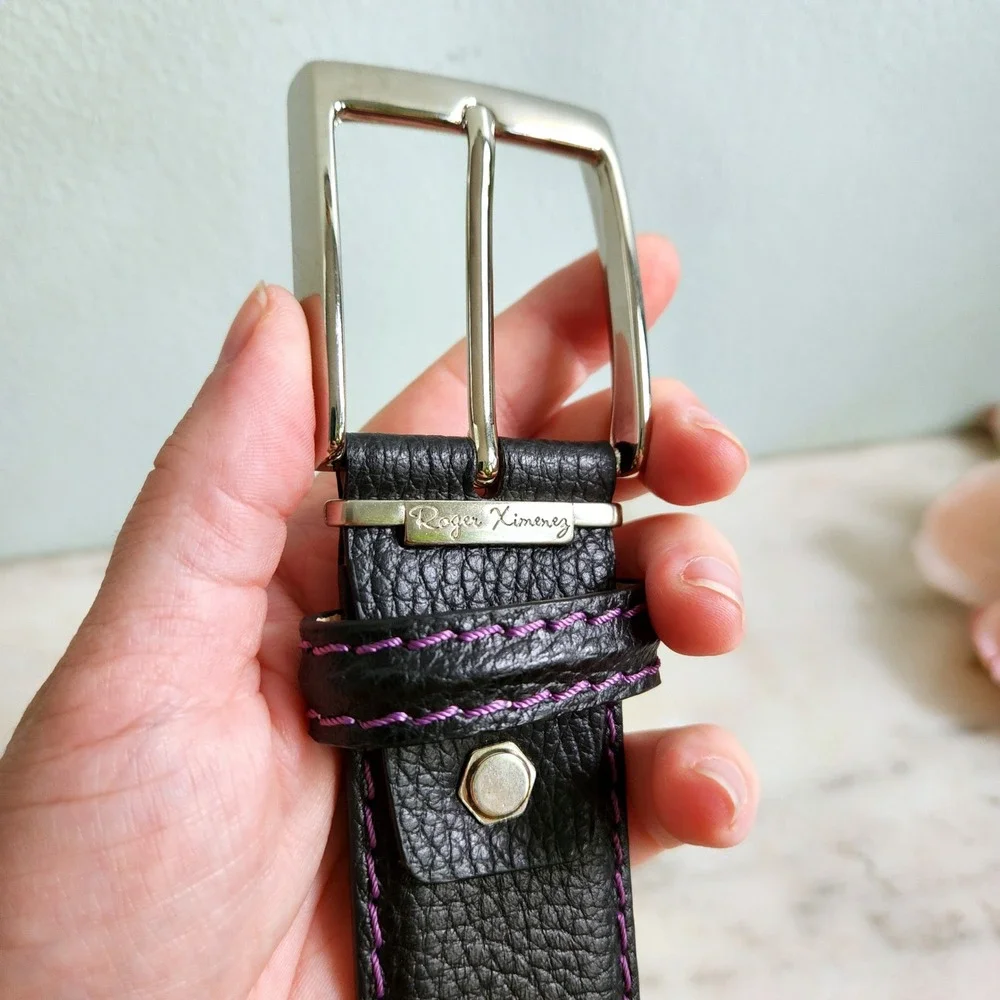 Roger Ximenez Black Leather Belt Purple Stitch Solid Brass Made in Italy‎